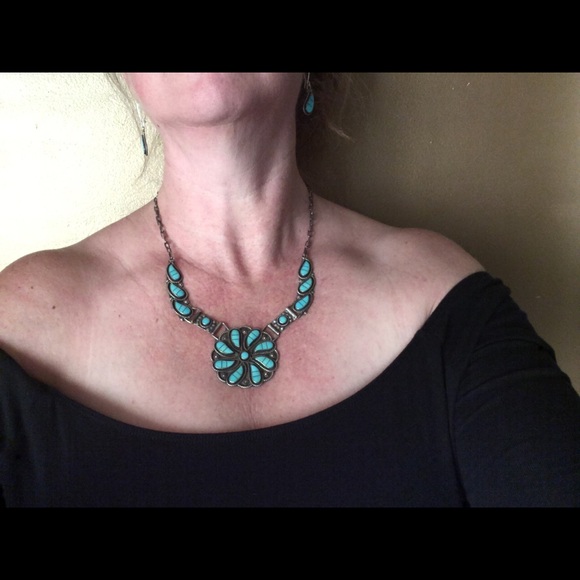 VINTAGE STERLING SILVER TURQUOISE NECKLACE EARRING - Picture 2 of 8